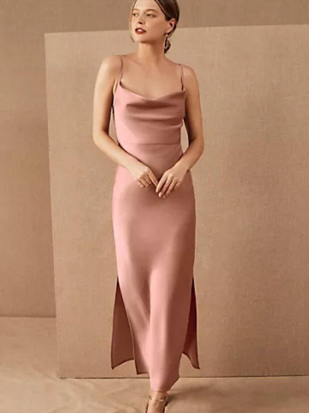 Anthropologie Cali Dress Satin Charmeuse Midi Sleeveless Cowl Stretch Pink XS